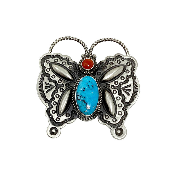 Herman Smith, Pin, Pendant, Kingman Turquoise, Coral, Butterfly, Navajo, 2 1/4