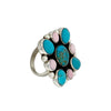 Geraldine James, Cluster Ring, Pink Conch, Kingman Turquoise, Navajo, Adjustable