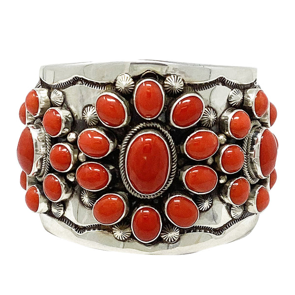 Aaron Toadlena, Cluster Bracelet, Mediterranean Coral, Navajo Handmade, 6 3/4