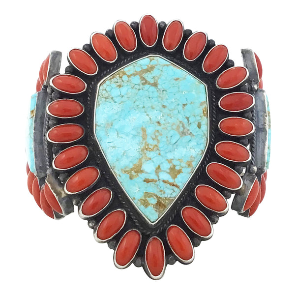 Anthony Skeets, Bracelet, Cluster, Kingman Turquoise, Coral, Navajo Made, 6 5/8