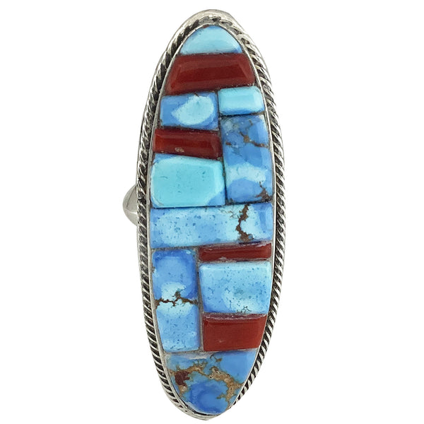 Calvin Desson, Ring, Golden Hill Turquoise, Coral, Inlay, Navajo Handmade, 12