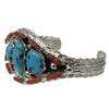 Bevis Tsadiasi, Cluster Bracelet, Kingman Turquoise, Coral, Zuni Made, 6 3/8"