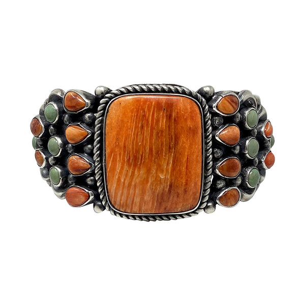 Lily Kee, Bracelet, Orange Spiny Oyster, Green Kingman Turquoise, Navajo, 6 3/4