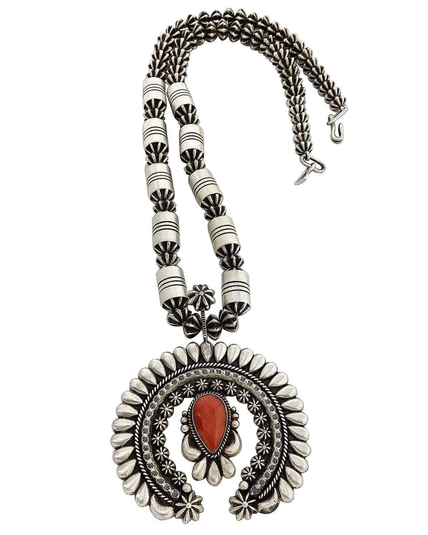 Thomas Jim, Necklace, Mediterranean Coral, Silver Beads, Navajo Handmade, 24