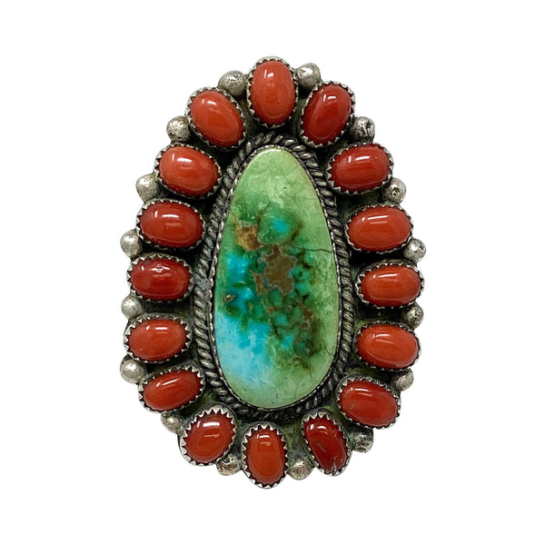 Scotty Skeets, Ring, Sonoran Gold Turquoise, Mediterranean Coral, Navajo 8 1/2