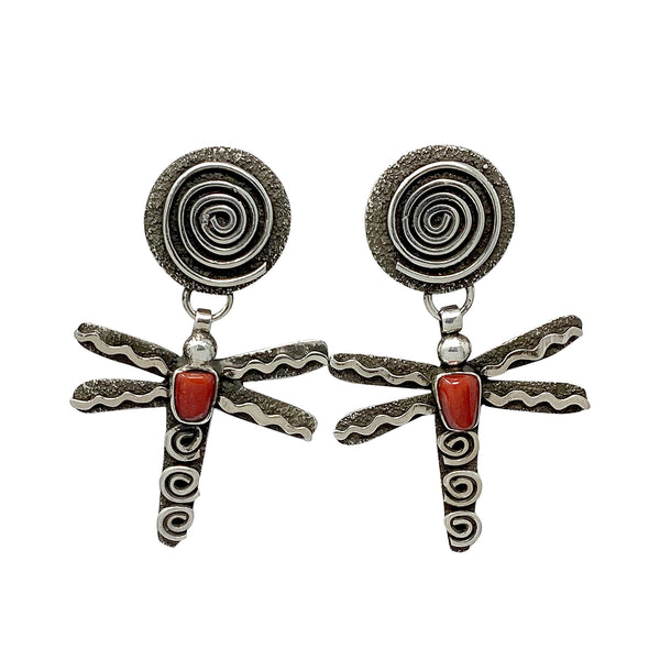 Alex Sanchez, Earrings, Coral, Dragonfly, Navajo, 2 3/4