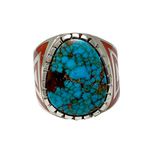 Michael Perry, Ring, Turquoise Mountain, Coral, Inlay, Navajo, 11