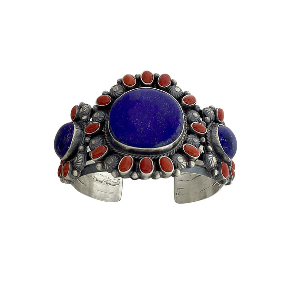 Anthony Skeets, Bracelet, Blue Lapis Lazuli, Coral, Silver, Navajo Made, 6 1/2