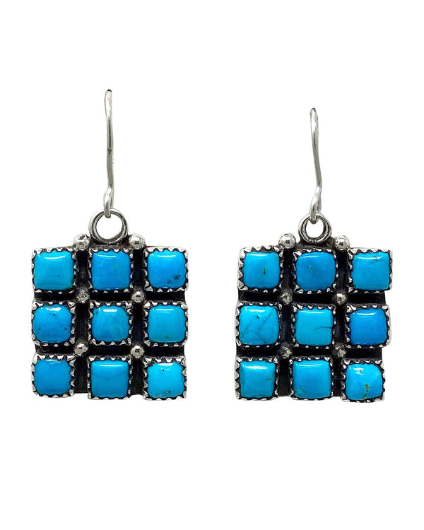 Ernest Rangel, Earrings, Square stones, Kingman Turquoise, Navajo Handmade, 1 1/2