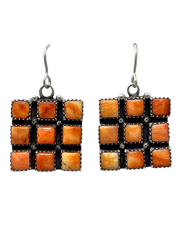 Ernest Rangel, Earrings, Square stones, Orange Spiny Oyster Shell, Navajo Handmade, 1 1/2