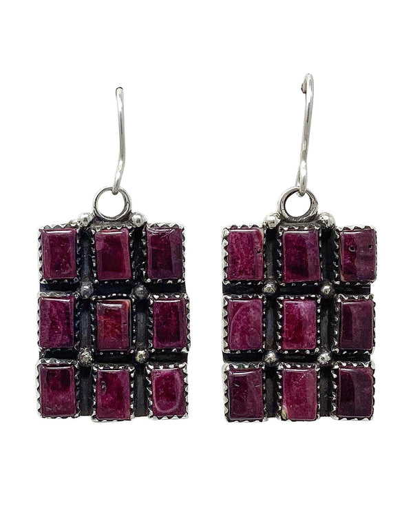 Ernest Rangel, Earrings, Square stones, Purple Spiny Oyster Shell, Navajo Handmade, 1 1/2