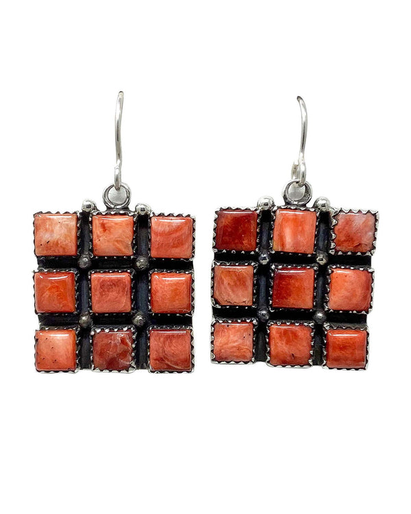 Ernest Rangel, Earrings, Square stones, Red Spiny Oyster Shell, Navajo Handmade, 1 1/2