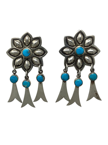 Navajo, Earrings, Circa 1990s, Kingman Turquoise, Flower, Navajo, 2