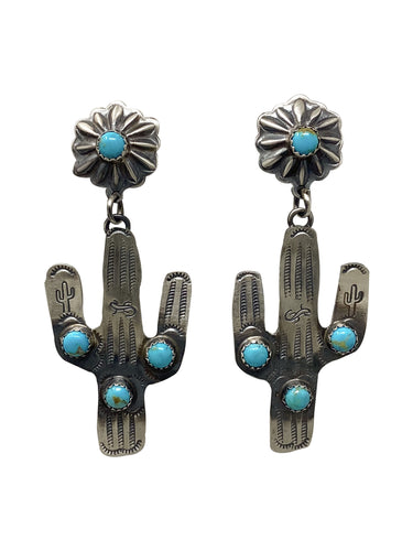 Cordorllo Chee, Earrings, Kingman Turquoise, Cactus, Navajo, 2 3/4''