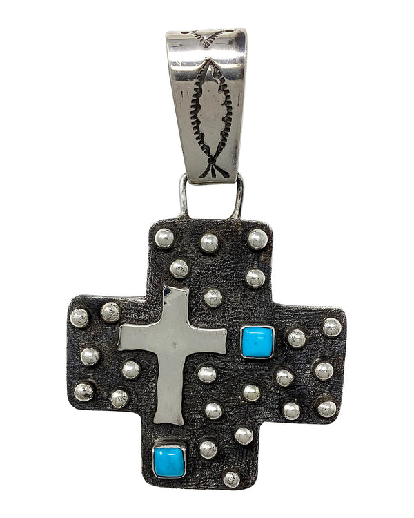 Ernest Rangel, Pendant, Cross, Kingman Turquoise, Navajo Handmade, 2 3/4