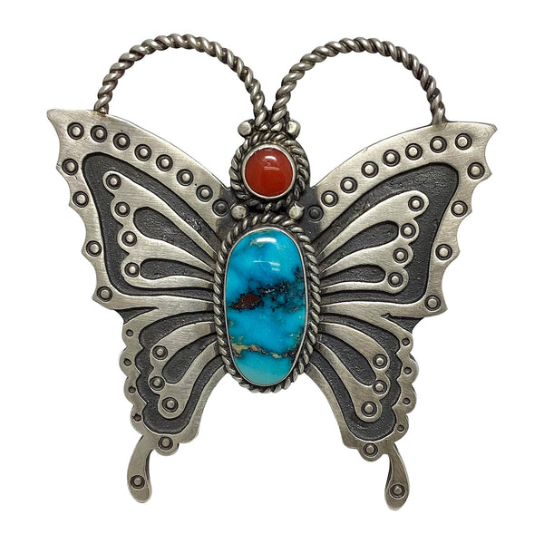 Herman Smith, Pin, Pendant, Red Mountain Turquoise, Coral, Butterfly, Navajo, 2 1/2