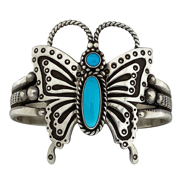 Herman Smith, Bracelet, Butterfly, Kingman Turquoise, Navajo Handmade, 6 3/8