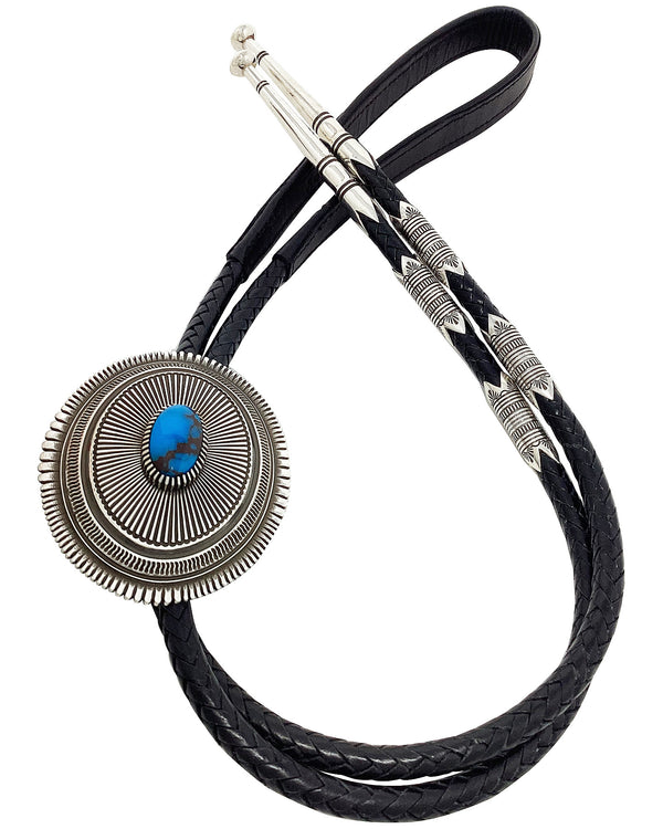 Ron Bedonie , Bolo Tie, Egyptian Turquoise, Stamping, Leather, Navajo Made, 44