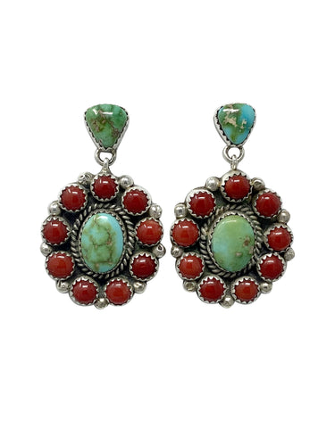 Scotty Skeets, Earring, Mediterranean Coral, Sonoran Gold Turquoise, Navajo, 1 3/4