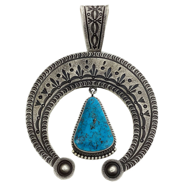 Herman Smith, Pendant, Kingman Turquoise, Stamping, Navajo Handmade, 4 1/8