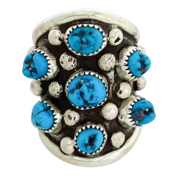 Landon Secatero, Ring, Kingman Turquoise, Cluster, Silver, Navajo Made, 8 3/4