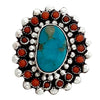 Darlene Begay, Cluster Ring, Coral, Kingman Turquoise, Navajo Made, Adjustable