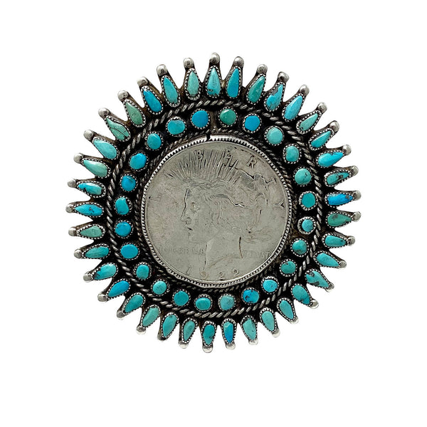 Vintage, Circa 1970s, Pin, Silver Dollar, Kingman Turquoise, Zuni, 3