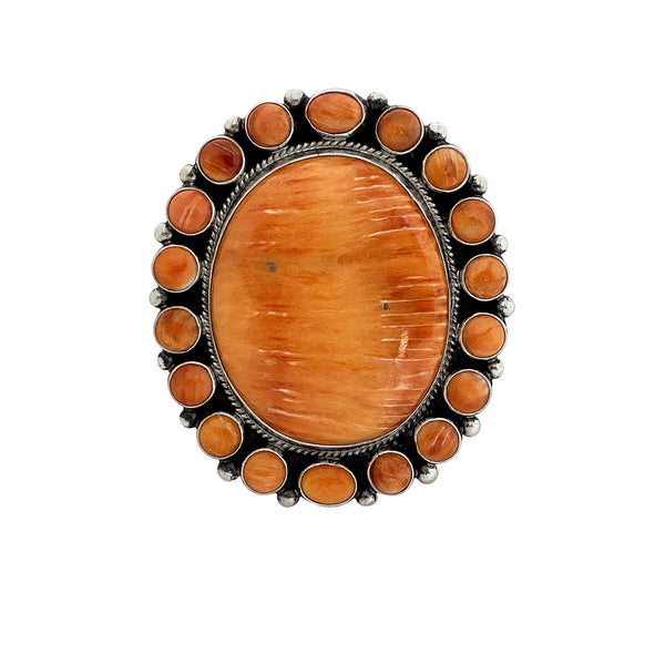 Tyler Brown, Ring, Orange Spiny Oyster Shell, Cluster, Sterling Silver, Navajo Handmade, Adjustable