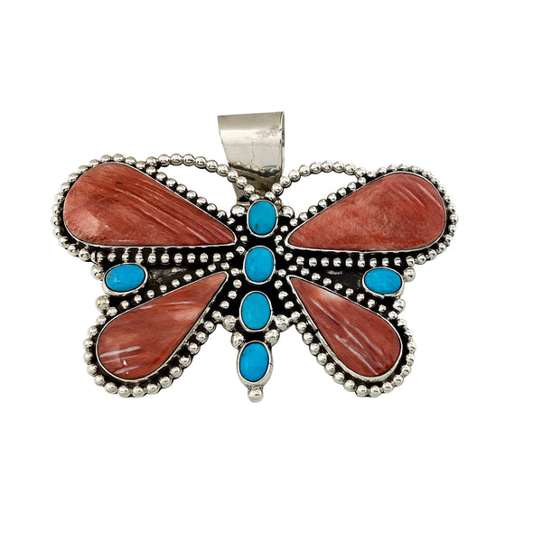 Melvin, Tiffany Jones, Butterfly Pendant, Red Spiny Oyster, Turquoise, Navajo 2 1/2 