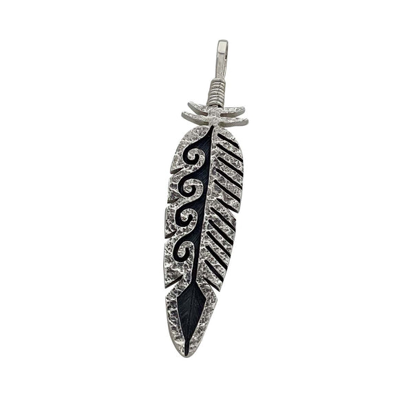 Ruben Saufkie, Pendant, Feather, Sterling Silver Overlay, Hopi Made, 2 3/8