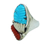 Lyolita, Tsatte, Ring, Carved Turquoise, Coral, Silver Leaf, Zuni Made, 13 1/2