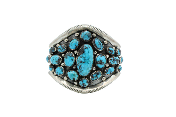 Navajo Bracelet, Cluster, Persian Turquoise, Sterling Silver, Circa 1980s, 6 7/8