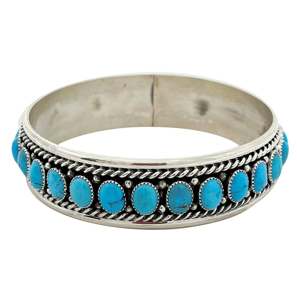 Chester Charley, Bangle Bracelet, Kingman Turquoise, Navajo Handmade, 9 1/4