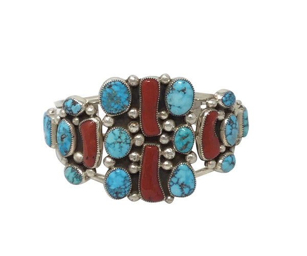 Melvin, Tiffany Jones, Cluster Bracelet, Turquoise, Coral, Navajo Made, 6 3/4