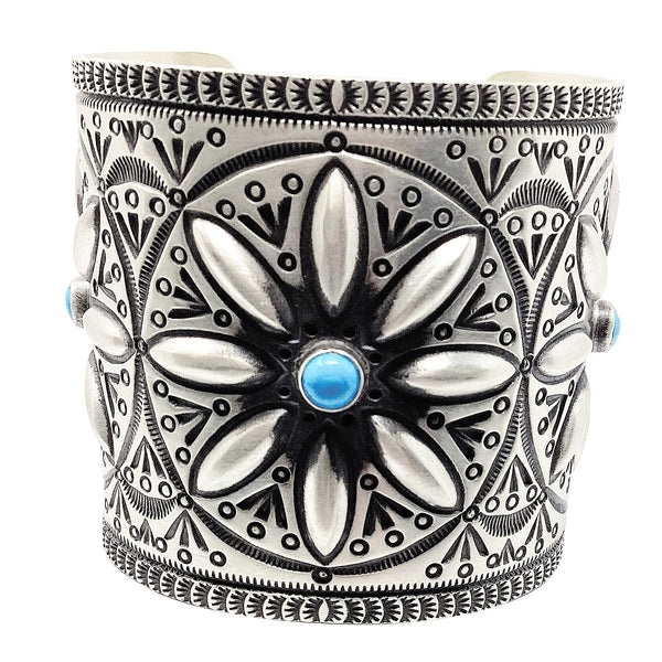 Herman Smith, Bracelet, Wide, Stamping, Turquoise, Navajo Handmade, 6 3/4