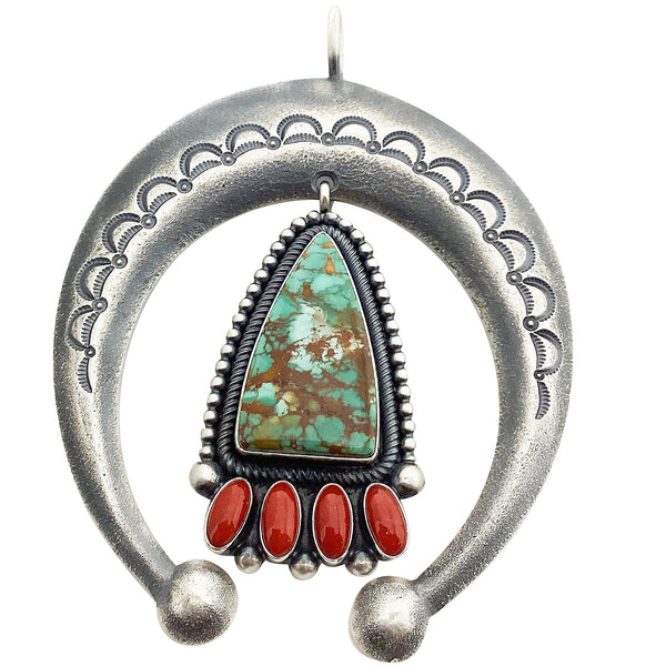Ernest Roy Begay, Pendant, Naja, Royston Turquoise, Coral, Navajo Made, 4 1/4