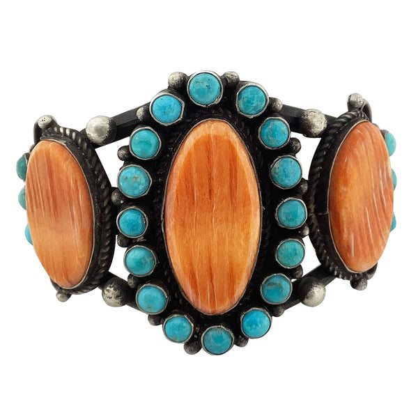 Lee Brown, Cluster Bracelet, Turquoise, Spiny Oyster Shell, Navajo Handmade, 7