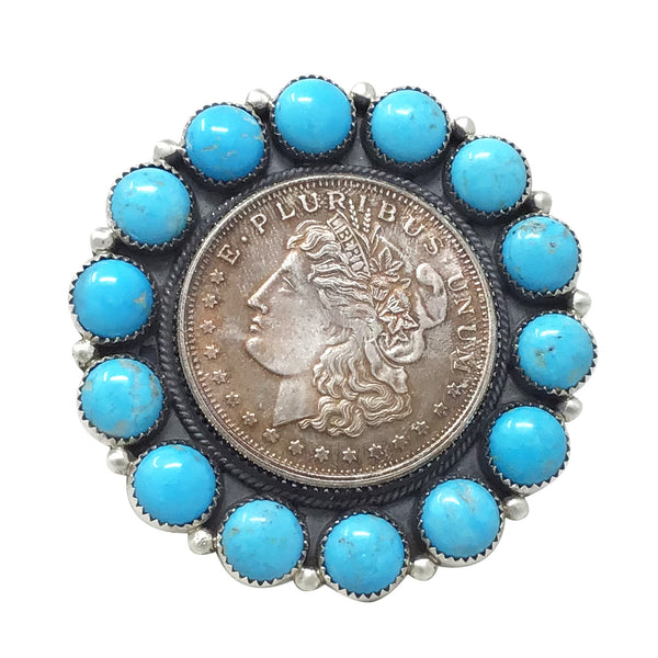 Phillip Yazzie, Bracelet, Silver Dollar, Kingman Turquoise, Navajo Made, 6 1/2