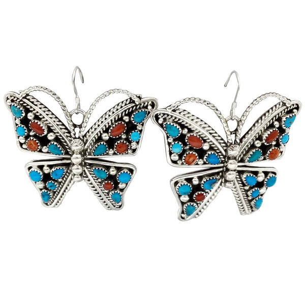 Tina Jones, Earrings, Coral, Turquoise, Butterfly, Silver, Navajo, 1 7/8