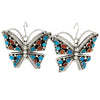 Tina Jones, Earrings, Coral, Turquoise, Butterfly, Silver, Navajo, 1 7/8"