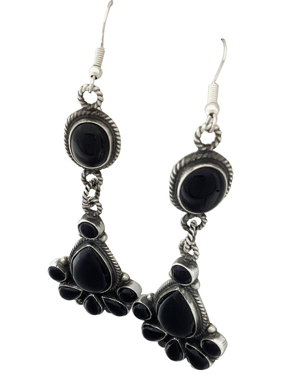 Devin Brown, Dangle Earrings, Black Onyx, Cluster, Navajo Handmade, 3 5/8''