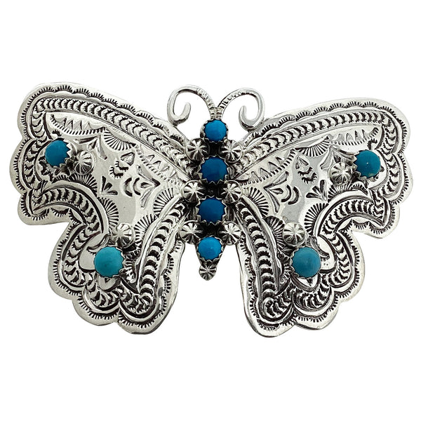 June Delgarito, Barrette, Butterfly, Kingman Turquoise, Navajo Handmade, 3 1/8