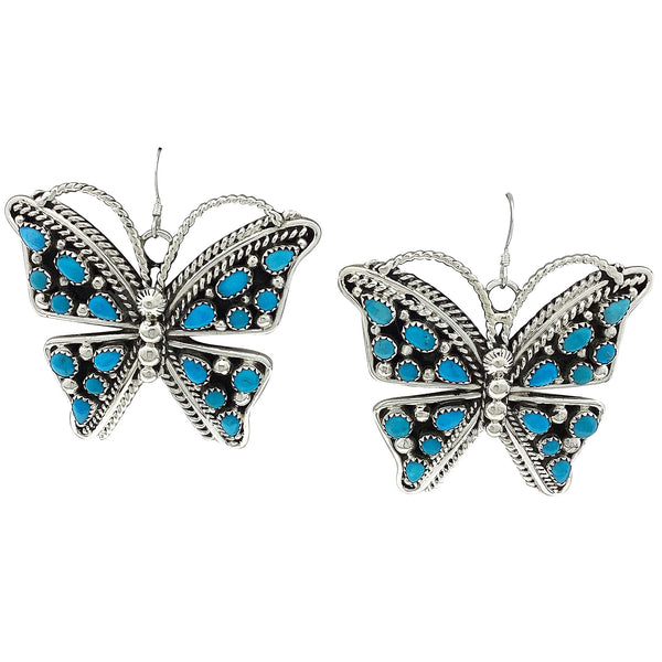 Tiffany Jones, Earring, Kingman Turquoise, Butterflies, Silver, Navajo, 2”