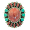 Melvin, Tiffany Jones, Cluster Ring, Turquoise, Shell, Coral, Navajo Made, 9