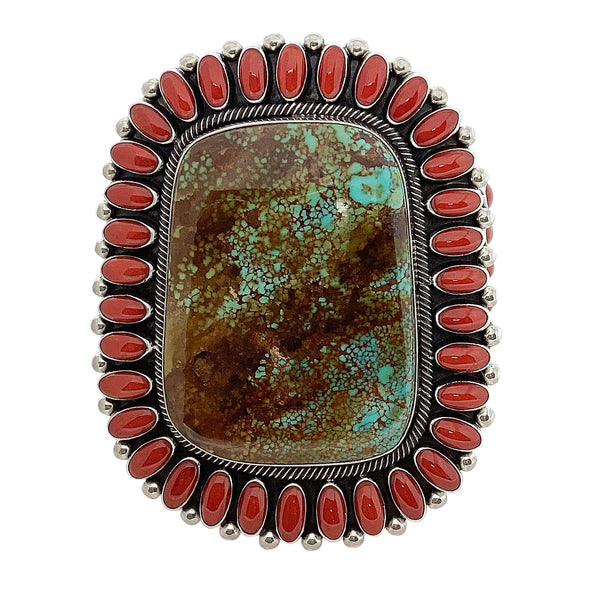 Ernest Roy Begay, Bracelet, Kingman Turquoise, Coral, Navajo Handmade, 7 1/2