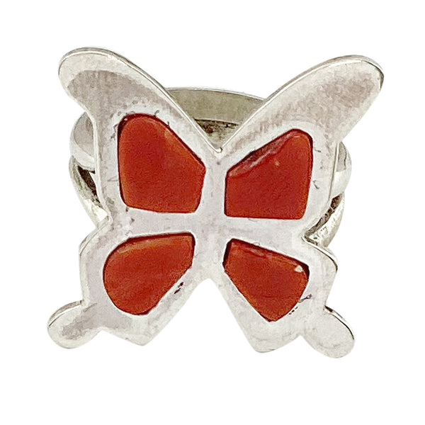 Zuni Handmade Ring, Mediterranean Coral, Inlay, Butterfly, Sterling Silver, 9
