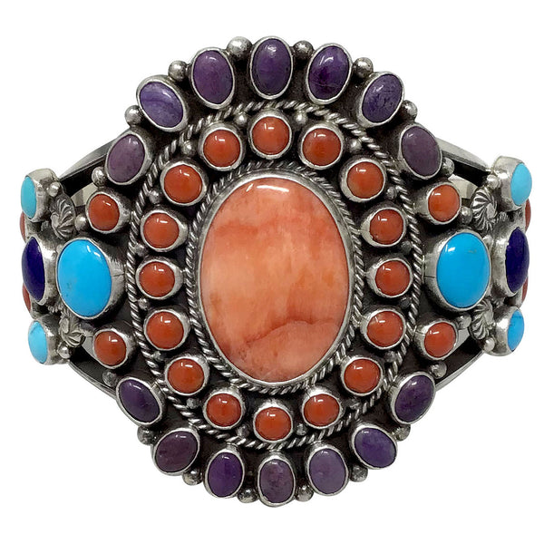 Tyler Brown, Cluster Bracelet, Multi Stone, Silver, Navajo Handmade, 6 3/8