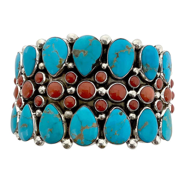 Melvin, Tiffany Jones, Cluster Bracelet, Turquoise, Coral, Navajo, 7 1/4