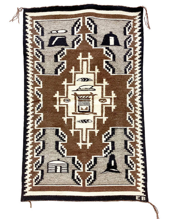 Navajo Handwoven Rug, Two Grey Hills, Pictorial, Circa 1970s, 30” x 19”