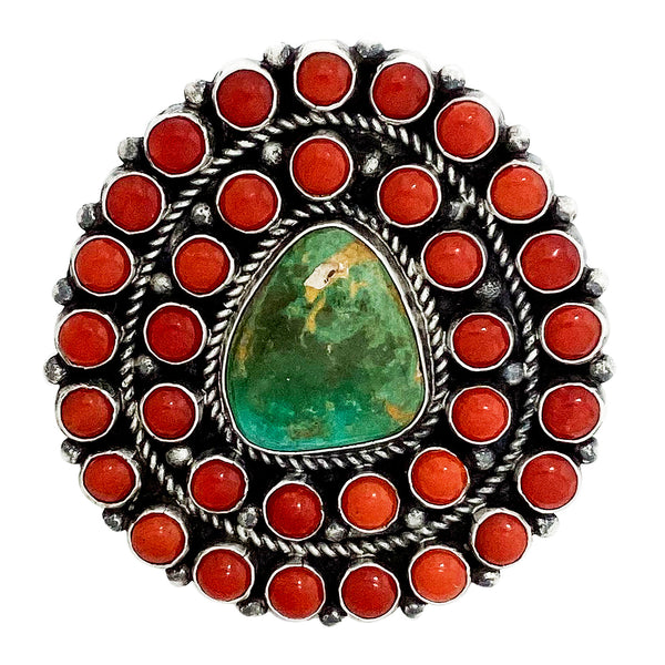 Zachriah David, Cluster Ring, Royston Turquoise, Coral, Navajo Handmade, 11 1/2